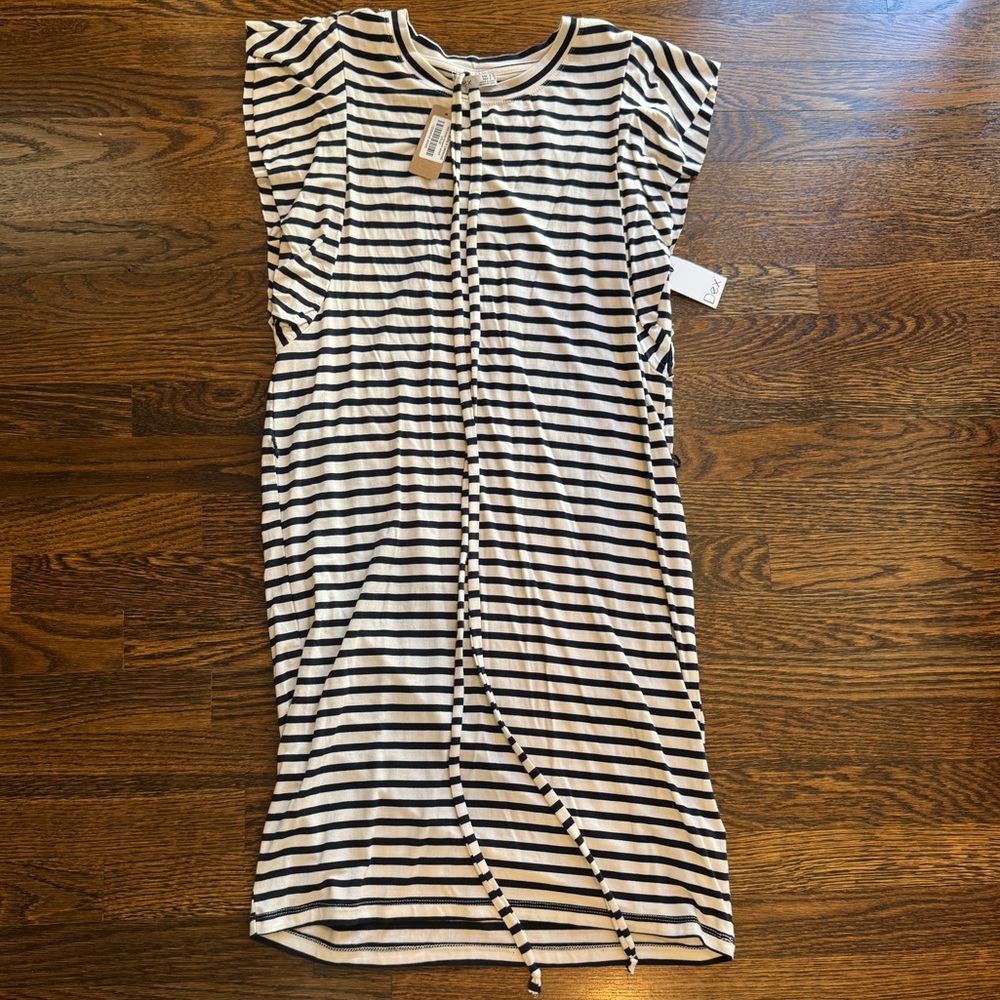navy and white striped dress with matching belt